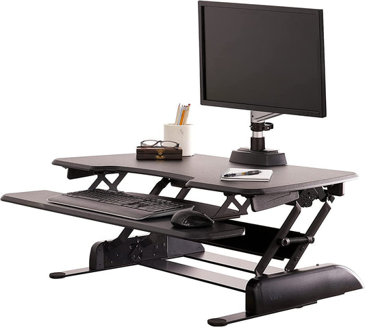 - desk Essential 36 - Two-Tier Standing Desk Converter for Monitor & Accessories - Height Adjustable Sit Stand Desk - Fully Assembled Monitor Riser for Home Office - 36" Wide, Black